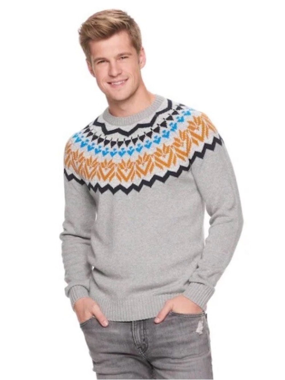 urban pipeline Men's Light Gray Crewneck Sweater with Blue & Gold Fair Isle Yoke